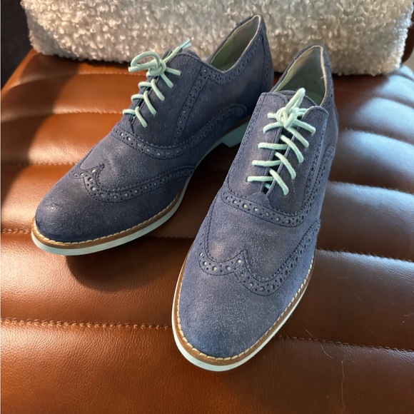 Cole Haan Alisa Womens 8 Blue Teal Suede Wingtip Dress Shoes Flats Oxford - Picture 1 of 13